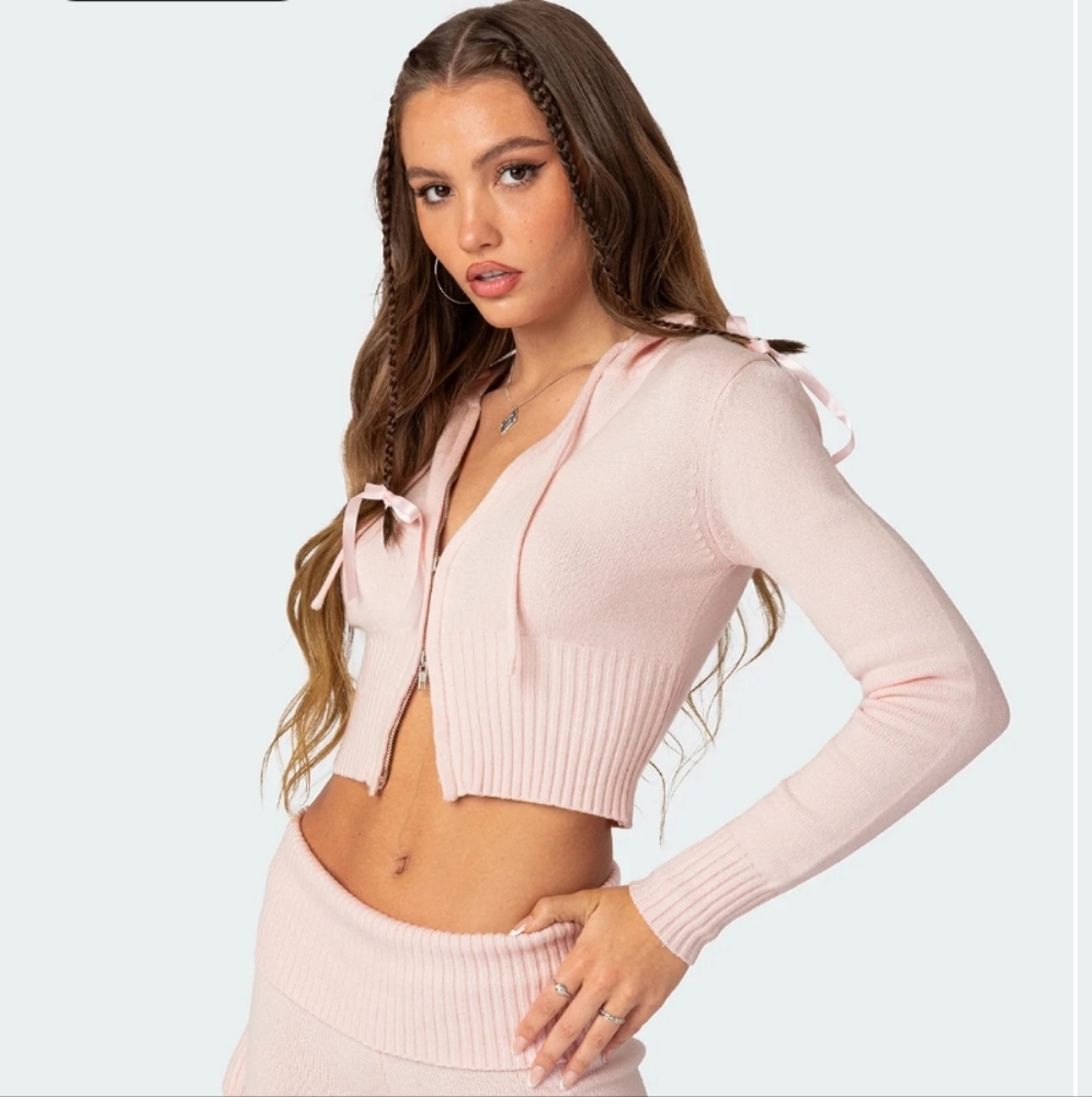 EDIKTED pink Desiree knitted soft hooded zip up‎ kawaii cardigan sweater S